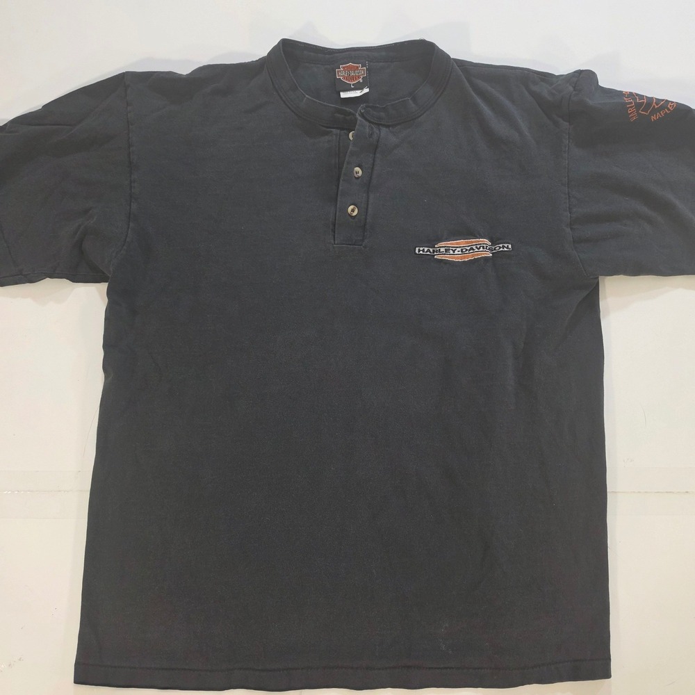 Vtg Harley-Davidson Mens Henley Shirt Black Naples Florida Embroidered Large USA